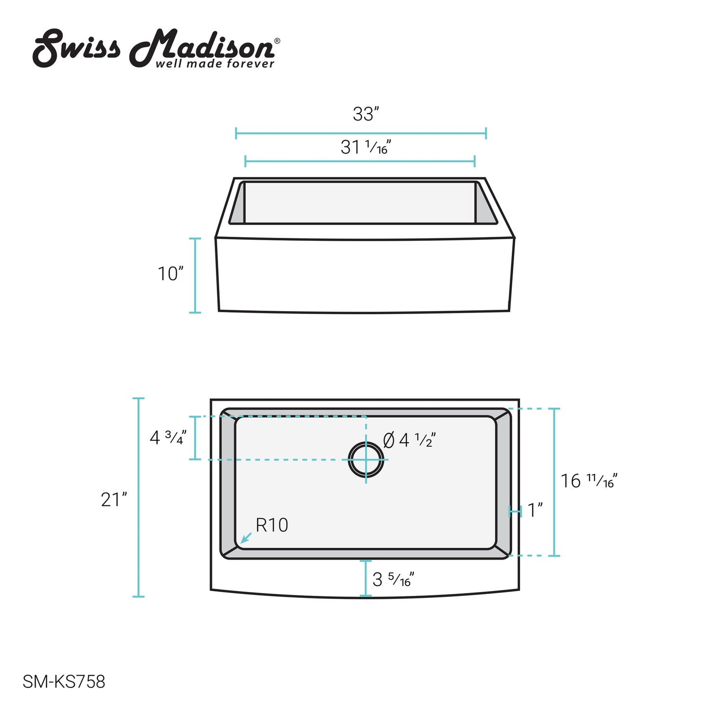Rivage 33" x 21" Stainless Steel, Single Basin, Farmhouse Kitchen Sink with Apron in Multi Color