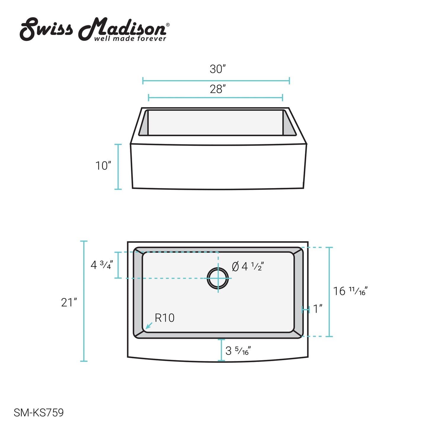 Rivage 30" x 21" Stainless Steel, Single Basin, Farmhouse Kitchen Sink with Apron in Multi Colors