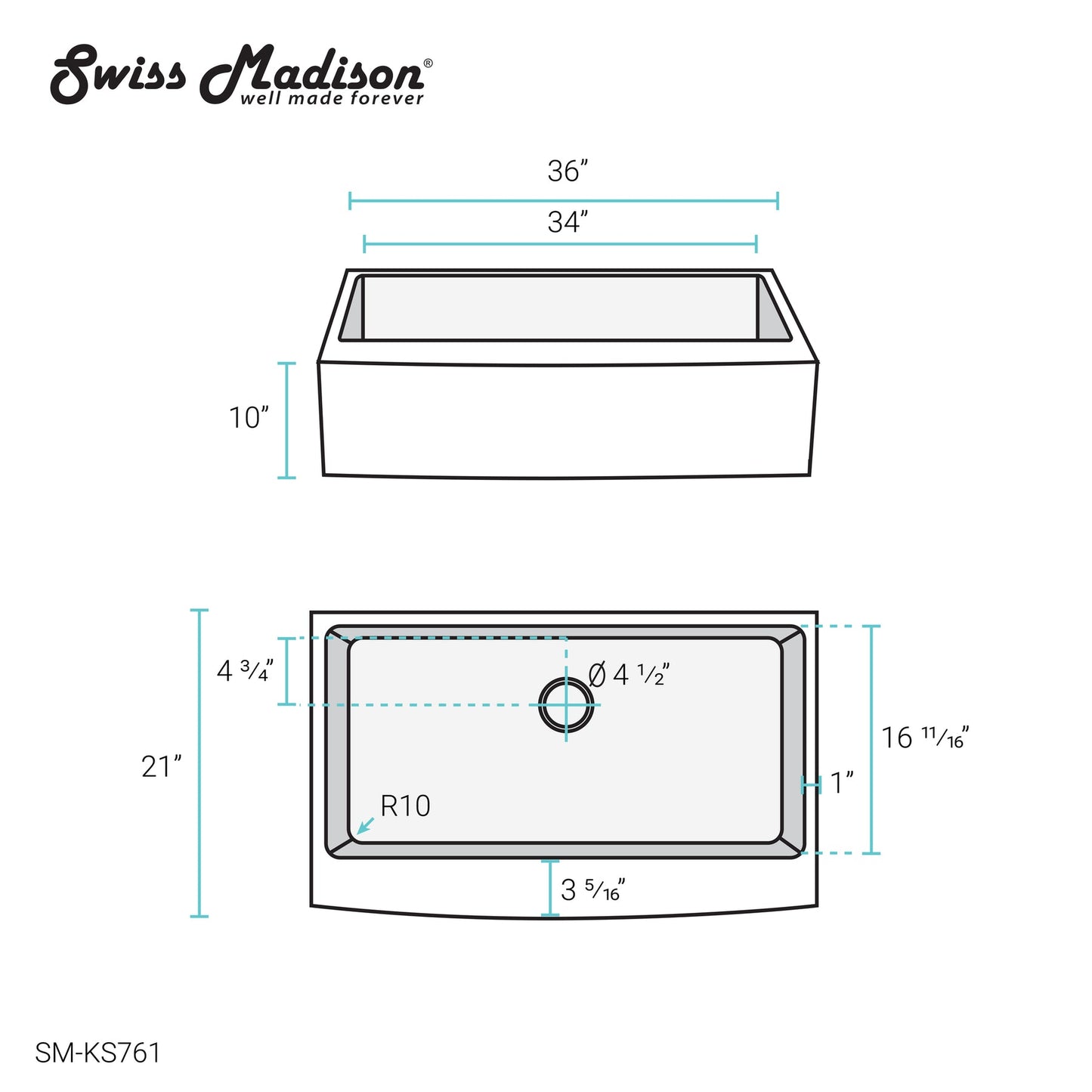 Rivage 36" x 21" Stainless Steel, Single Basin, Farmhouse Kitchen Sink with Apron in Multi Colors