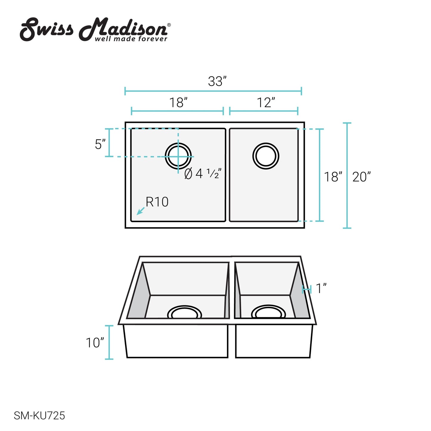 Rivage 33" x 20" Dual Basin, Undermount Kitchen Sink in Multi Colors