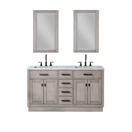 60 In. Double Sink Marble Countertop Vanity, Oak with Faucets and Mirrors, Chestnut collection