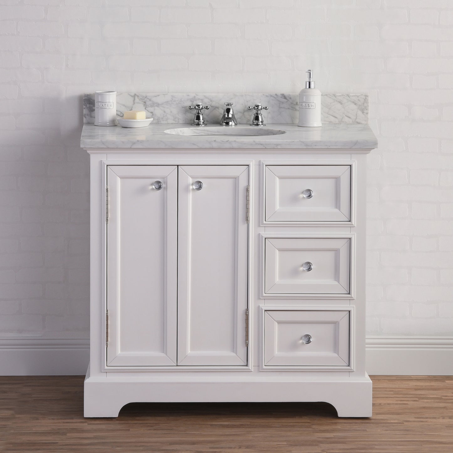 36 Inch Single Sink Carrara Marble Bathroom Vanity set. The Derby Collection