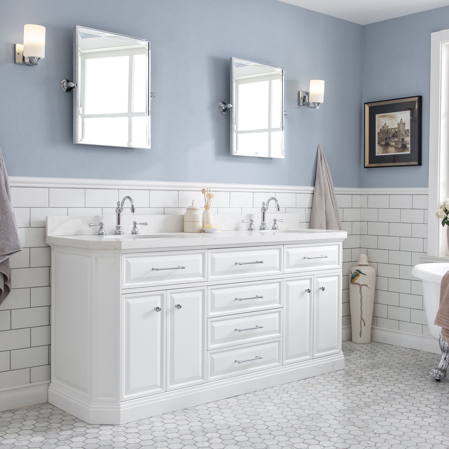 72" Palace Collection Quartz Carrara Multi Color Bathroom Vanity Sets