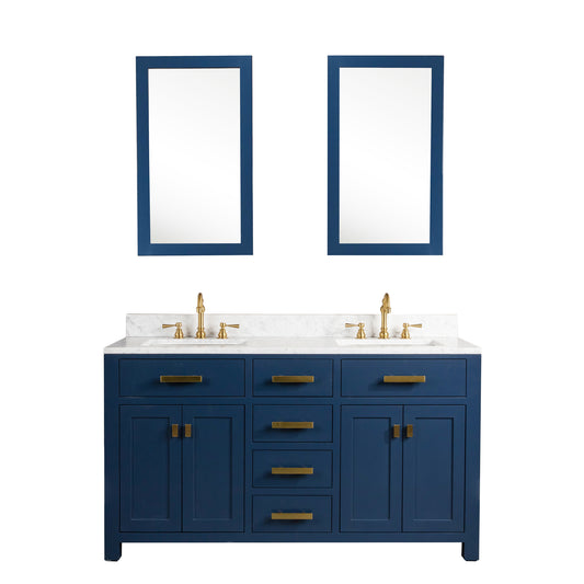 Madison 60-Inch Double Sink Carrara White Marble Vanity In Monarch Blue set