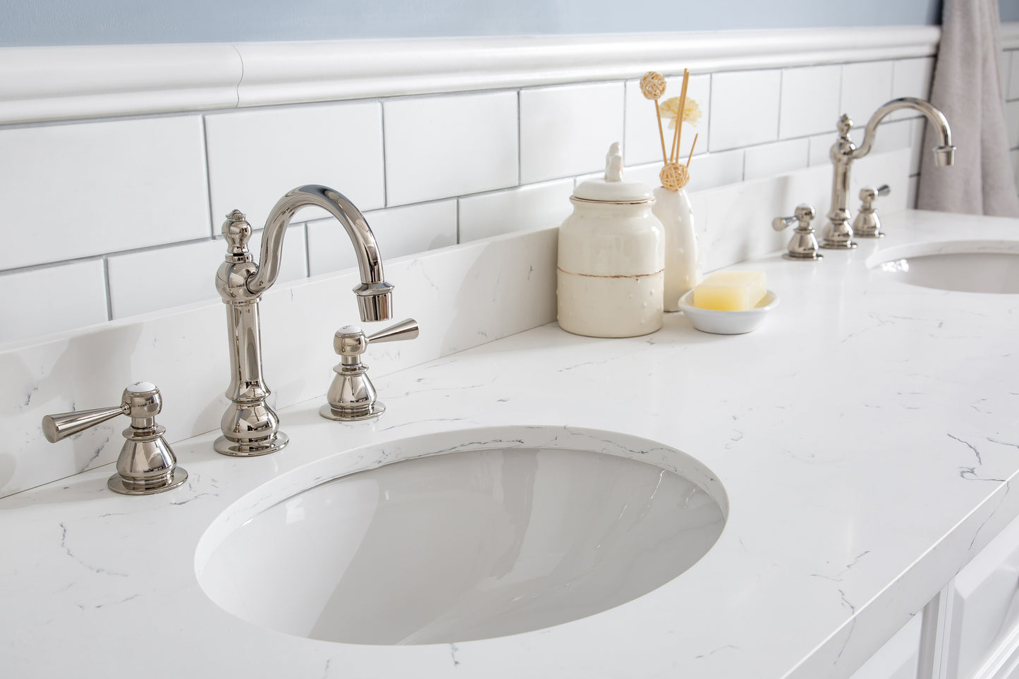 72" Palace Collection Quartz Carrara Bathroom Vanity Set, Mirror in Polished Nickel (PVD) Finish