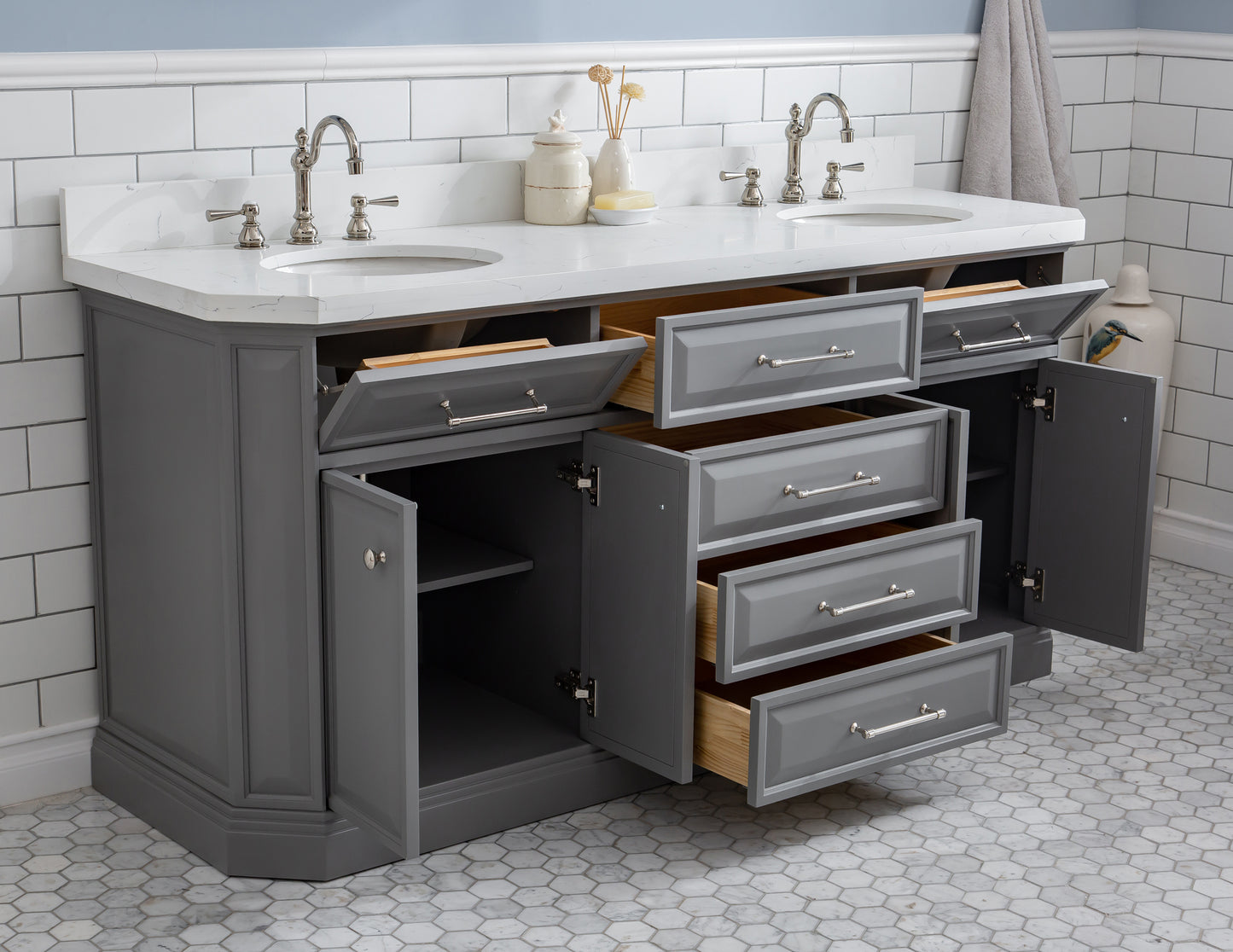 72" Palace Collection Quartz Carrara Bathroom Vanity Set, Mirror in Polished Nickel (PVD) Finish