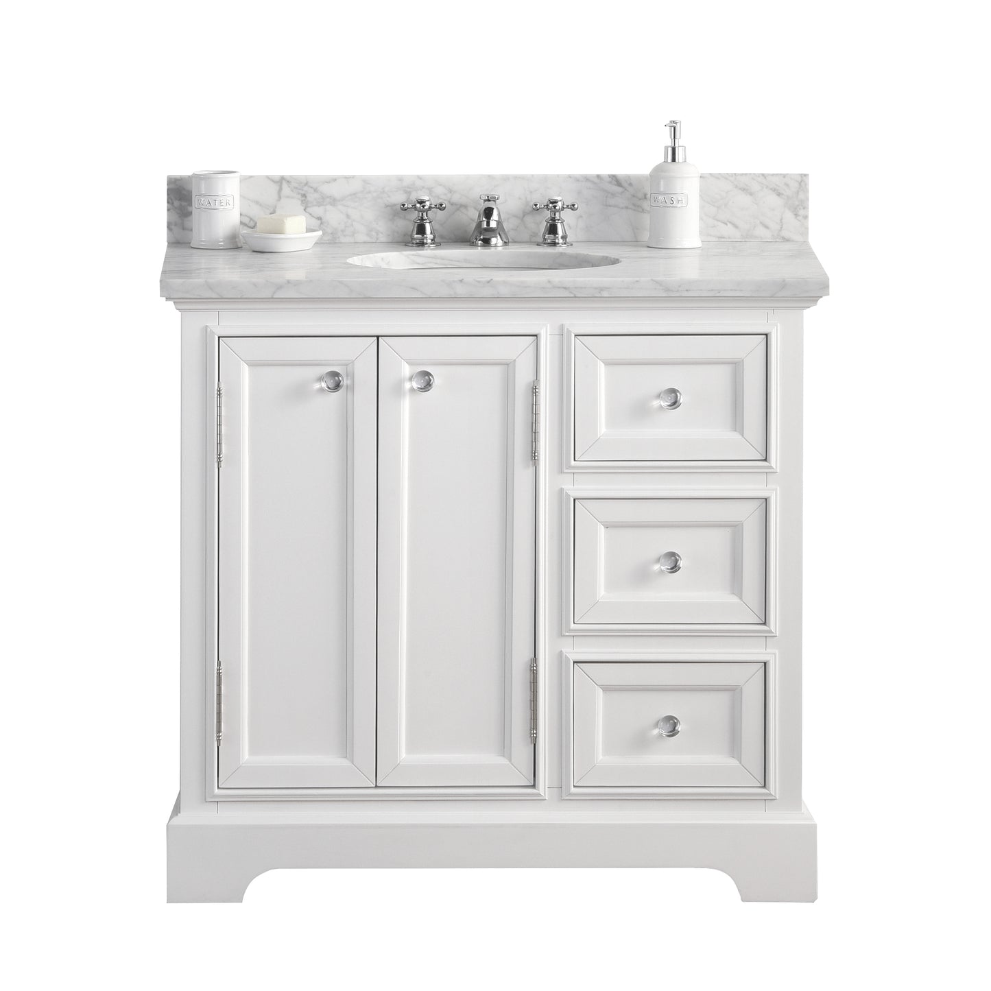 36 Inch Single Sink Carrara Marble Bathroom Vanity set. The Derby Collection