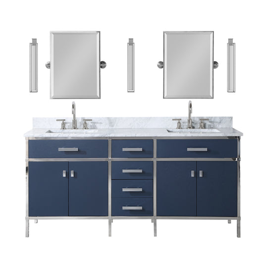 Marquis 72 In. Double Sink Carrara White Marble Countertop Vanity in Monarch Blue set