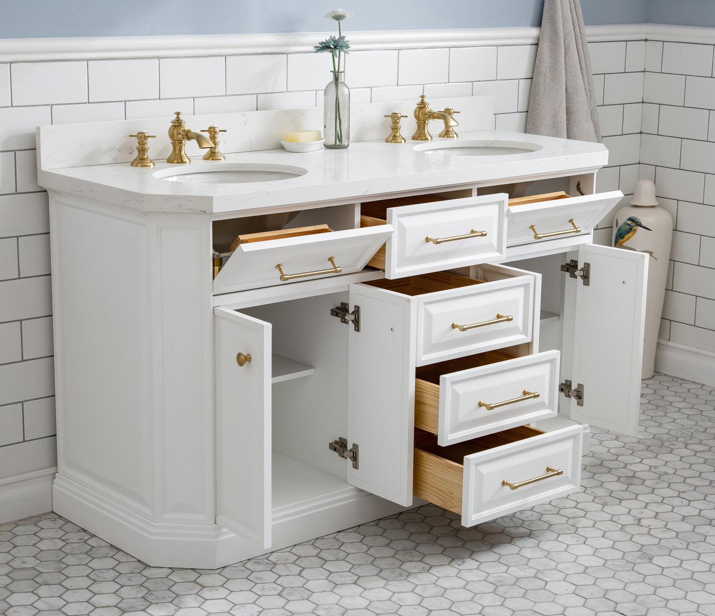 60" Palace Collection Quartz Carrara Bathroom Vanity Set