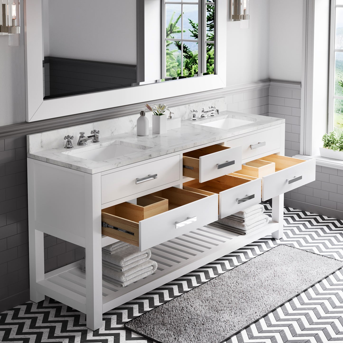 72 Inch Double Sink Bathroom Vanity With Mirror And Faucet From The Madalyn Collection