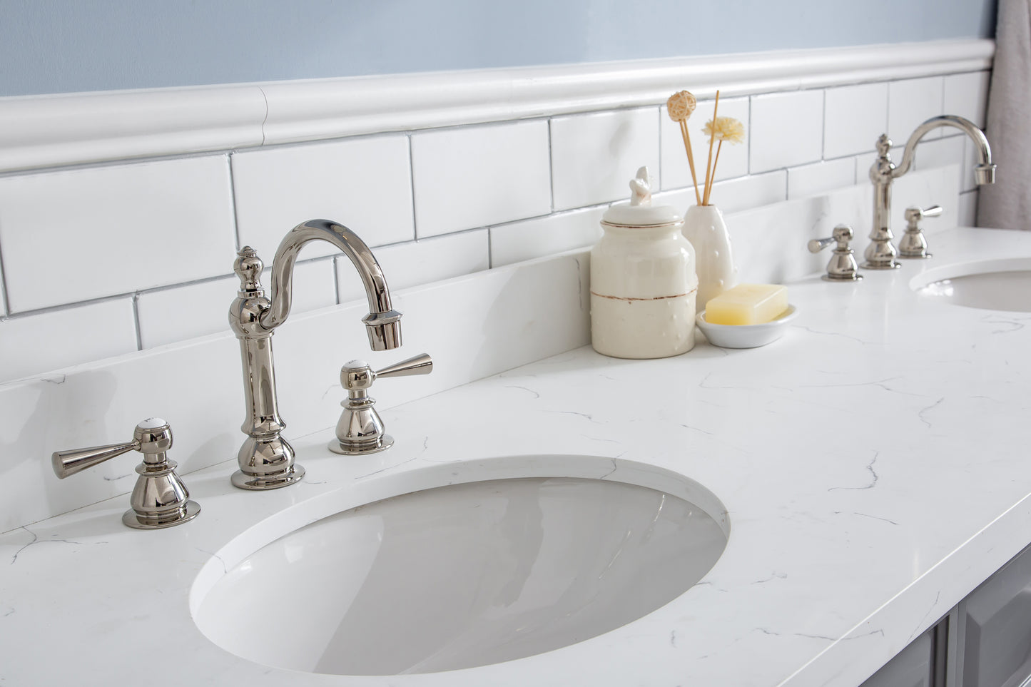 72" Palace Collection Quartz Carrara Bathroom Vanity Set, Mirror in Polished Nickel (PVD) Finish