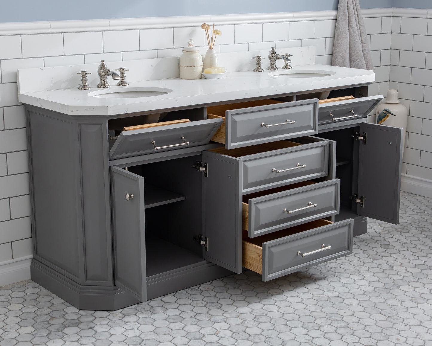 72" Palace Collection Quartz Carrara Bathroom Vanity Set, Mirror in Polished Nickel (PVD) Finish