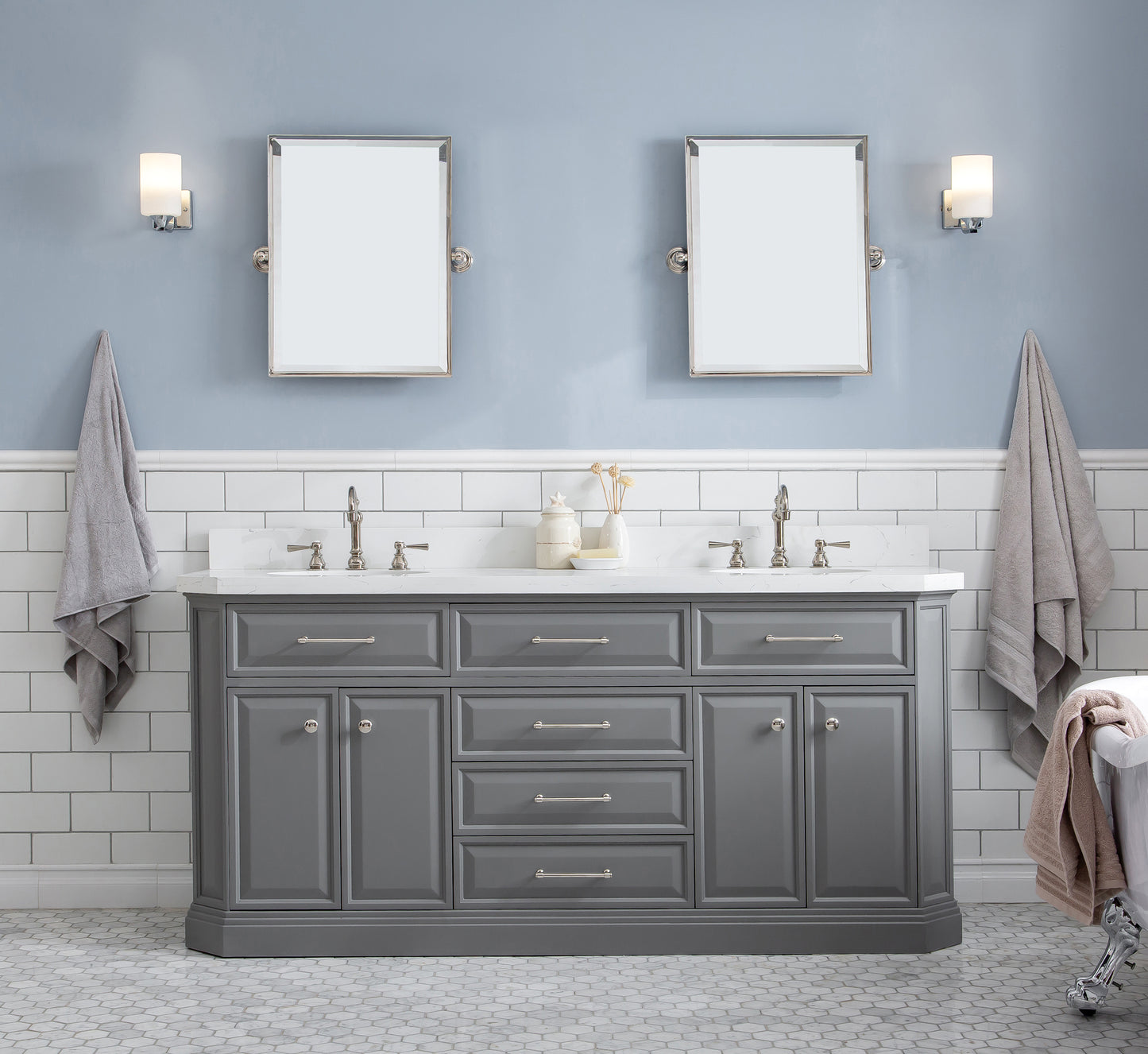 72" Palace Collection Quartz Carrara Bathroom Vanity Set, Mirror in Polished Nickel (PVD) Finish