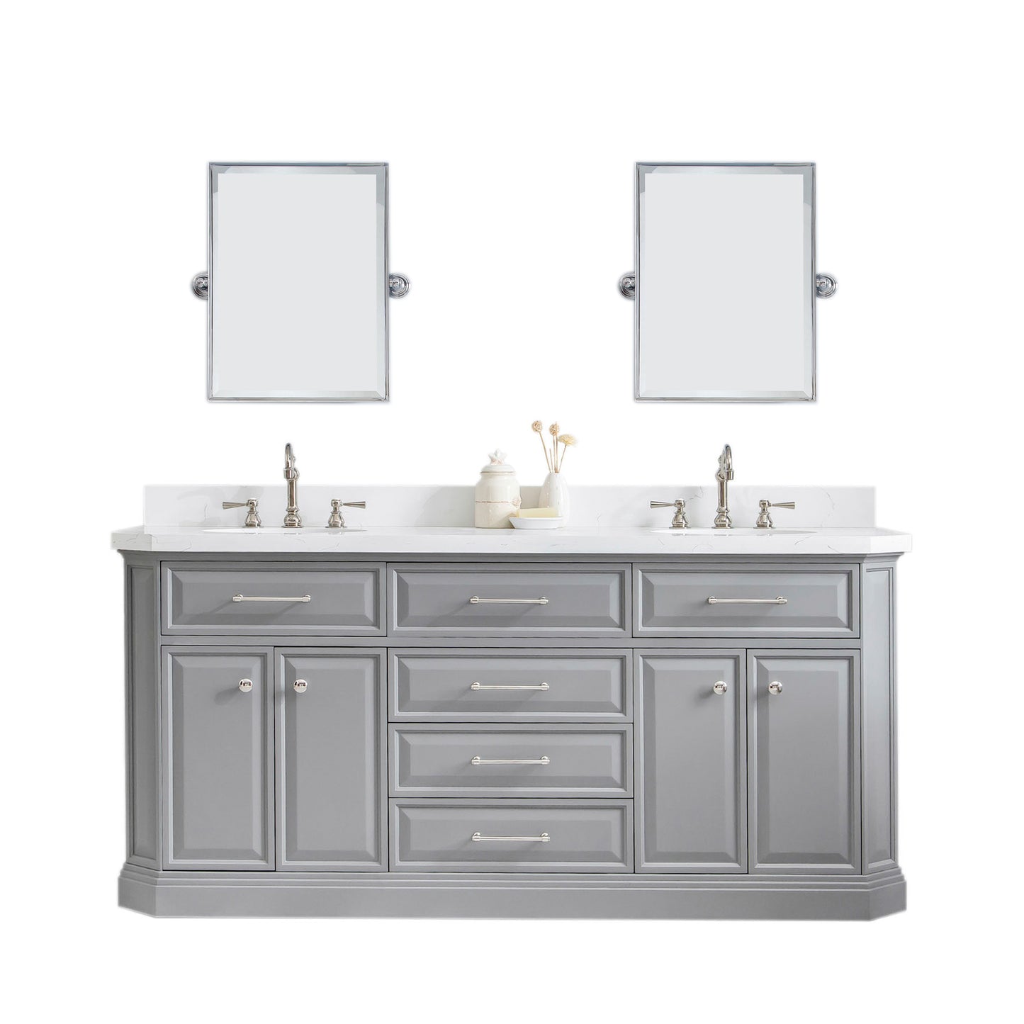 72" Palace Collection Quartz Carrara Bathroom Vanity Set, Mirror in Polished Nickel (PVD) Finish