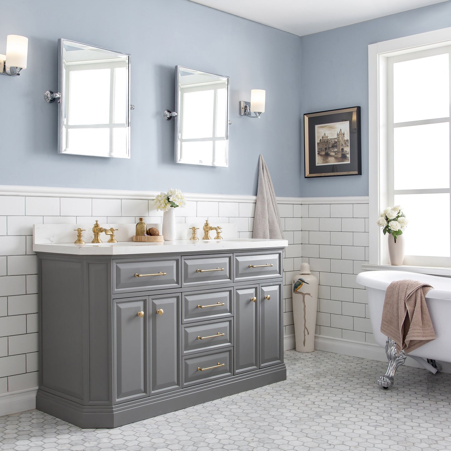 60" Palace Collection Quartz Carrara Bathroom Vanity Set
