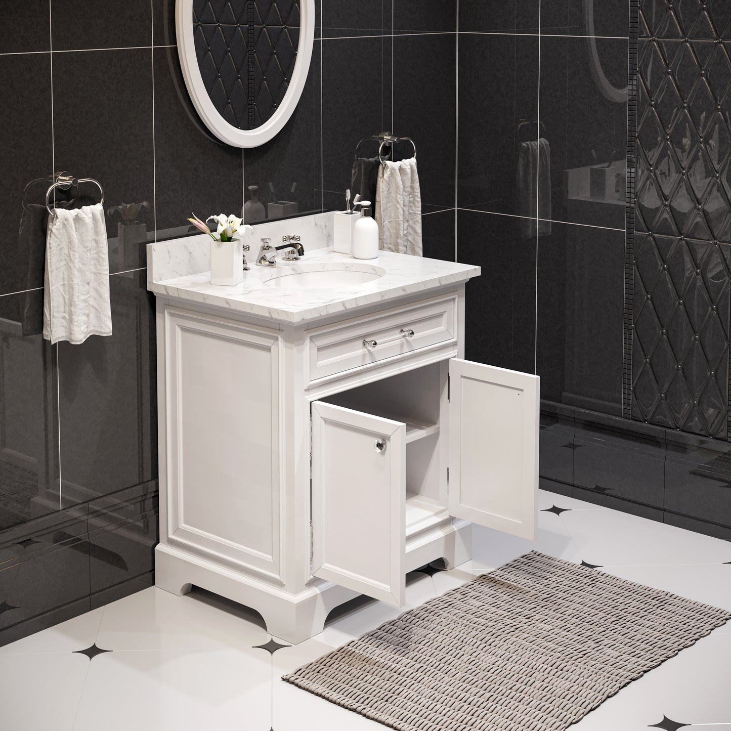 30 Inch Bathroom Vanity, Mirror And Faucet, Derby Collection