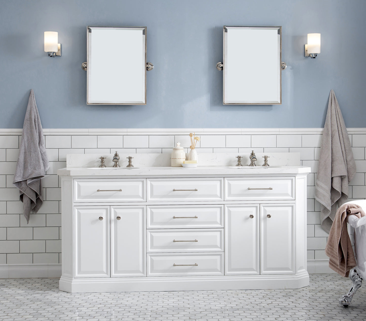 72" Palace Collection Quartz Carrara Bathroom Vanity Set, Mirror in Polished Nickel (PVD) Finish
