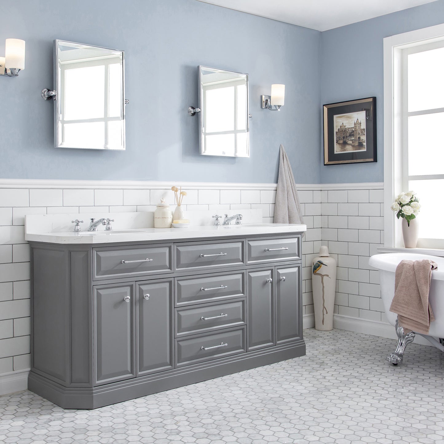 72" Palace Collection Quartz Carrara Multi Color Bathroom Vanity Sets