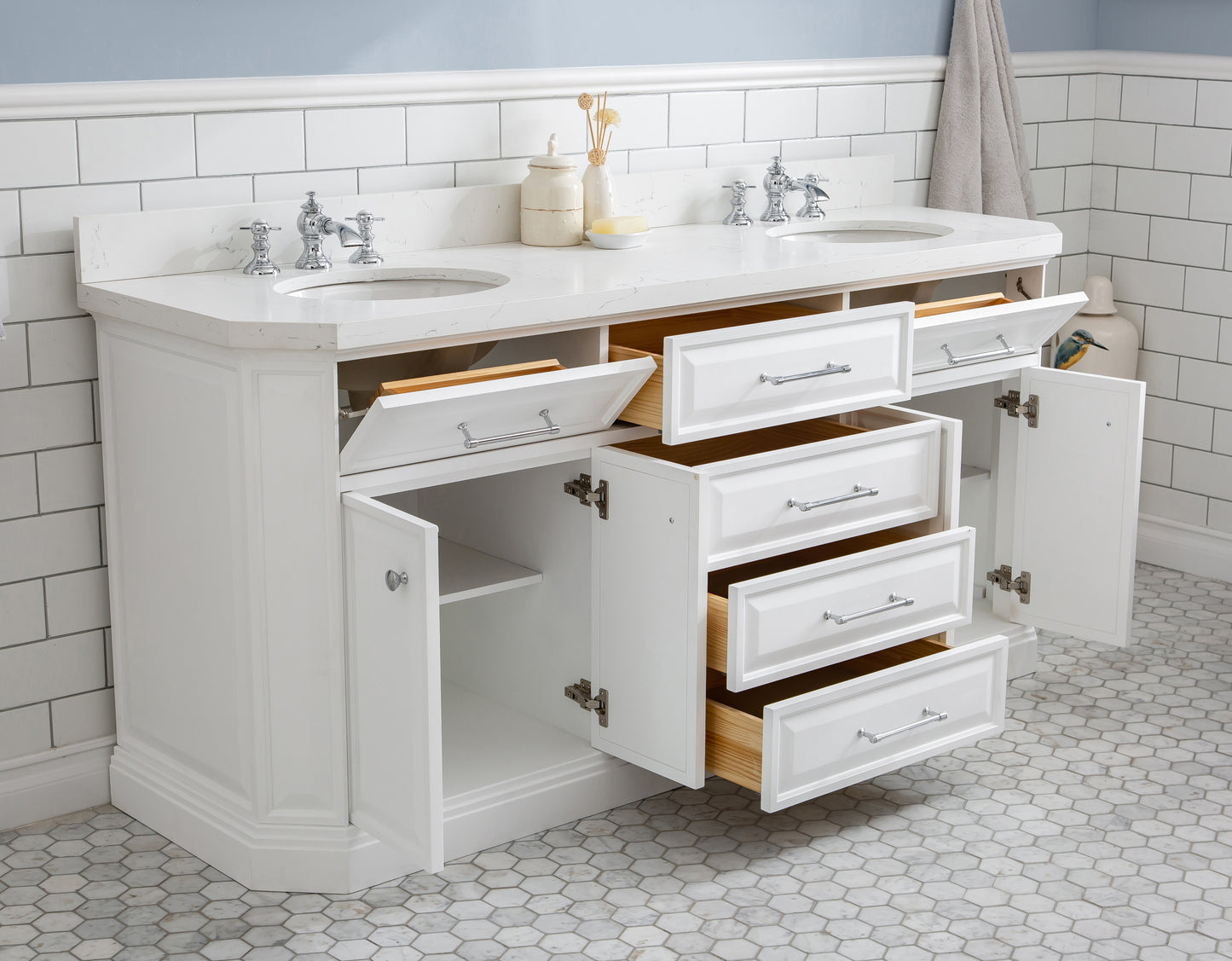 72" Palace Collection Quartz Carrara Multi Color Bathroom Vanity Sets