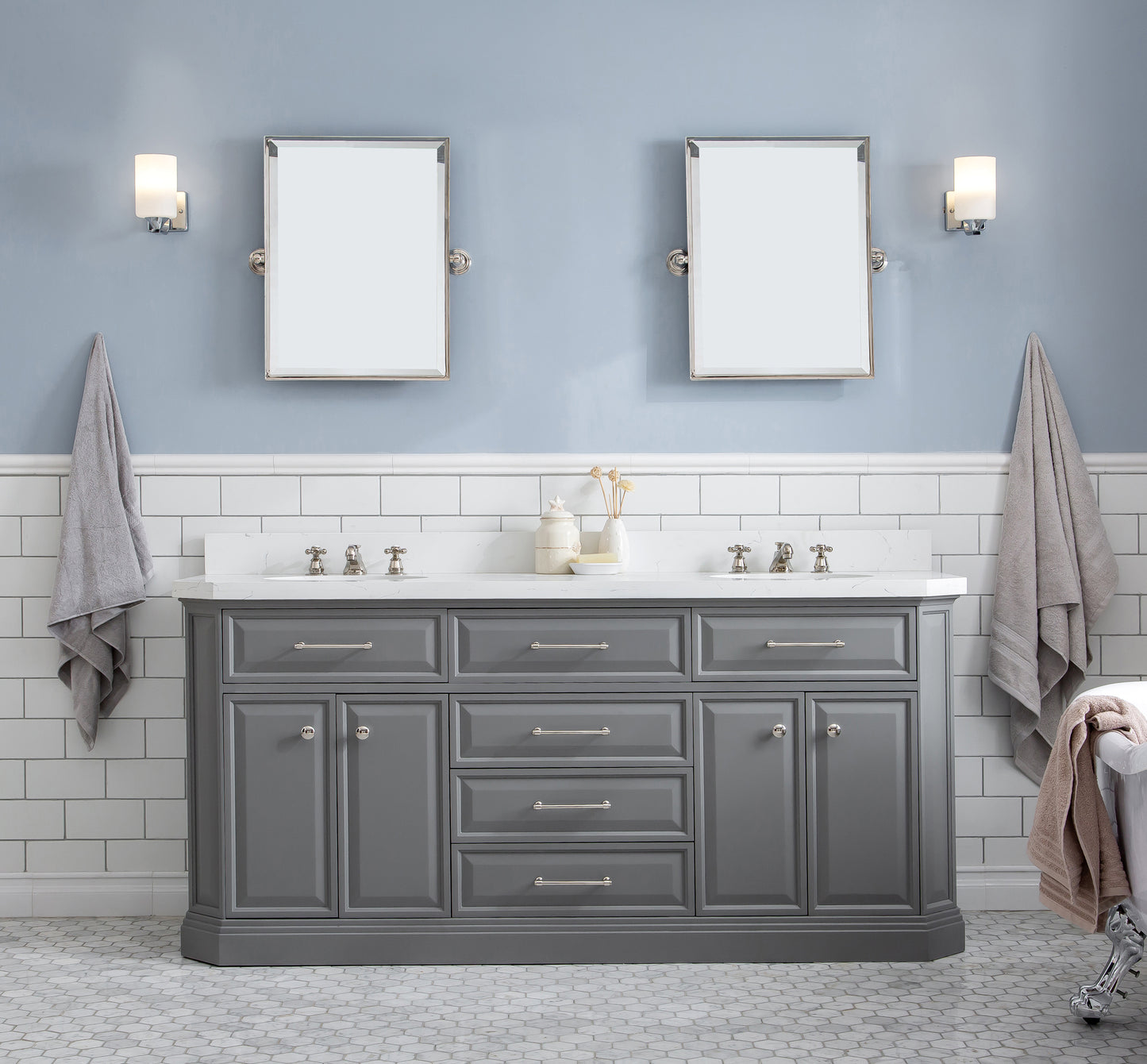 72" Palace Collection Quartz Carrara Bathroom Vanity Set, Mirror in Polished Nickel (PVD) Finish