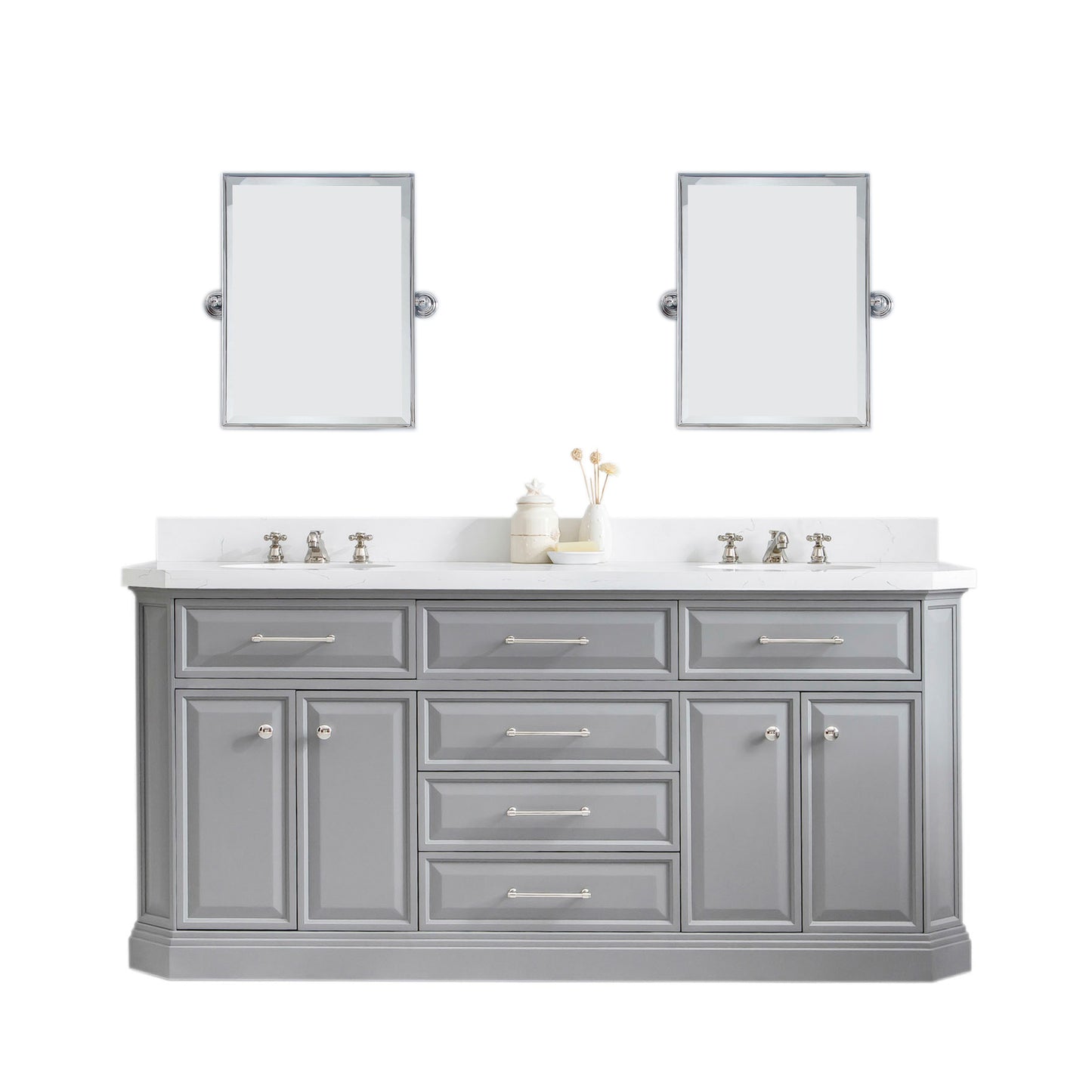 72" Palace Collection Quartz Carrara Bathroom Vanity Set, Mirror in Polished Nickel (PVD) Finish