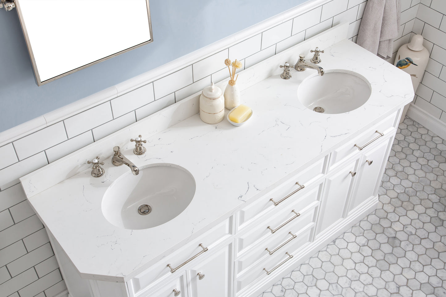 72" Palace Collection Quartz Carrara Bathroom Vanity Set, Mirror in Polished Nickel (PVD) Finish