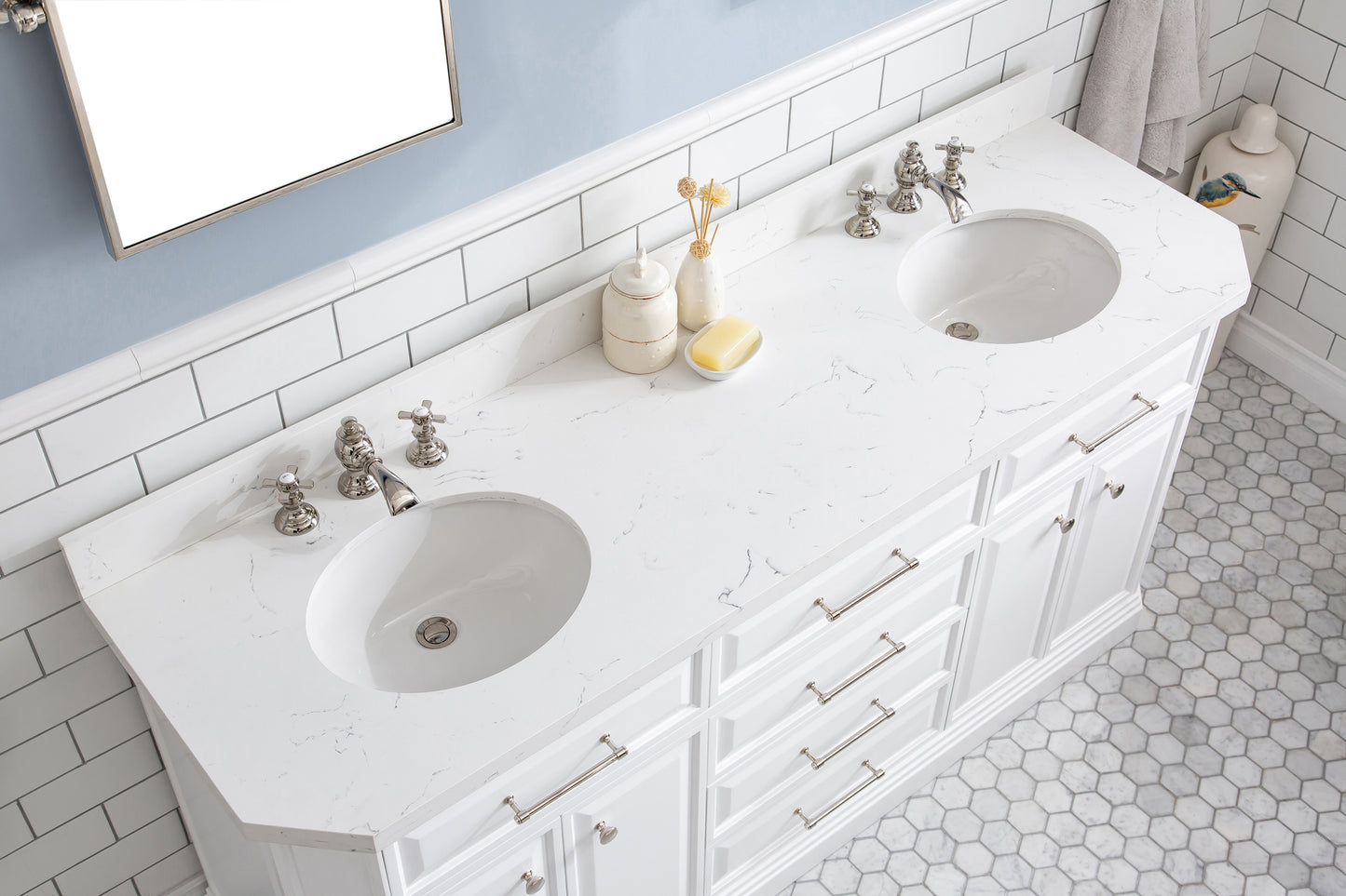 72" Palace Collection Quartz Carrara Bathroom Vanity Set, Mirror in Polished Nickel (PVD) Finish