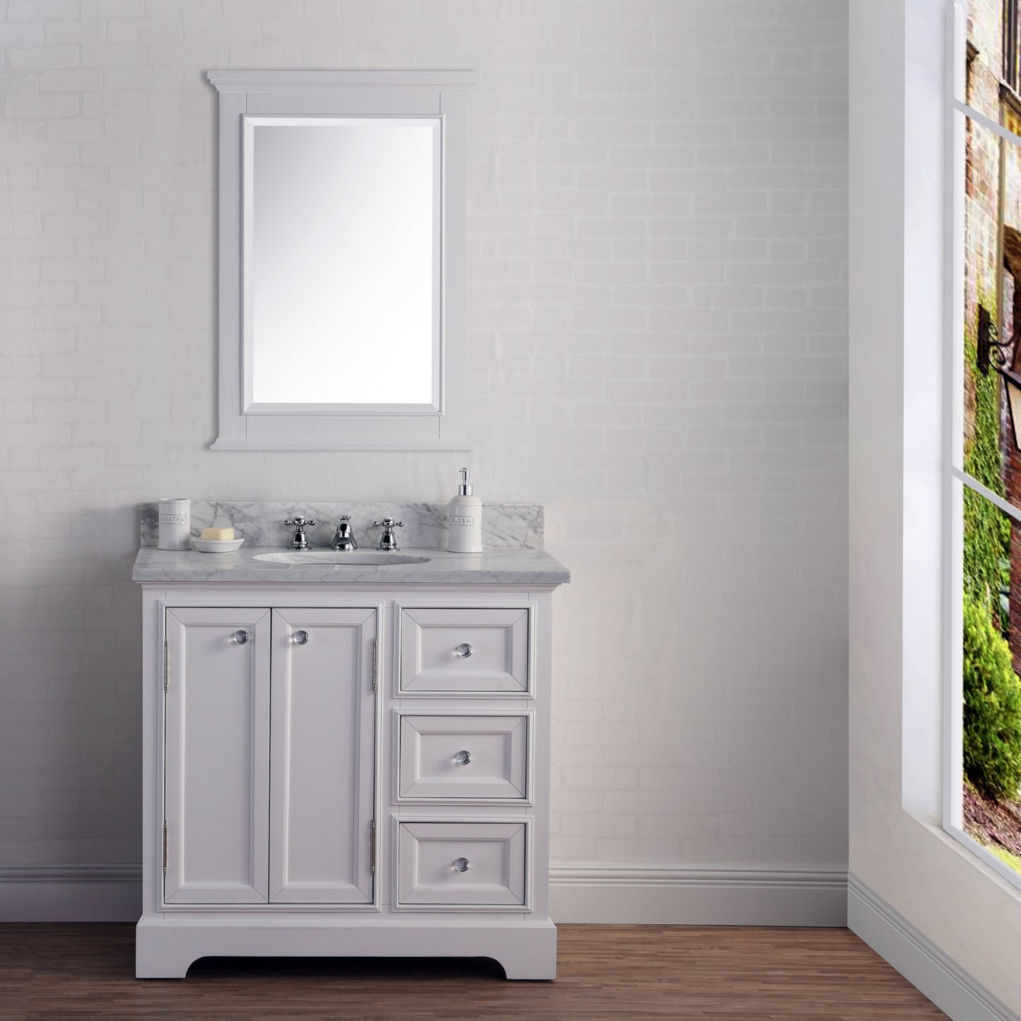 36 Inch Single Sink Carrara Marble Bathroom Vanity set. The Derby Collection