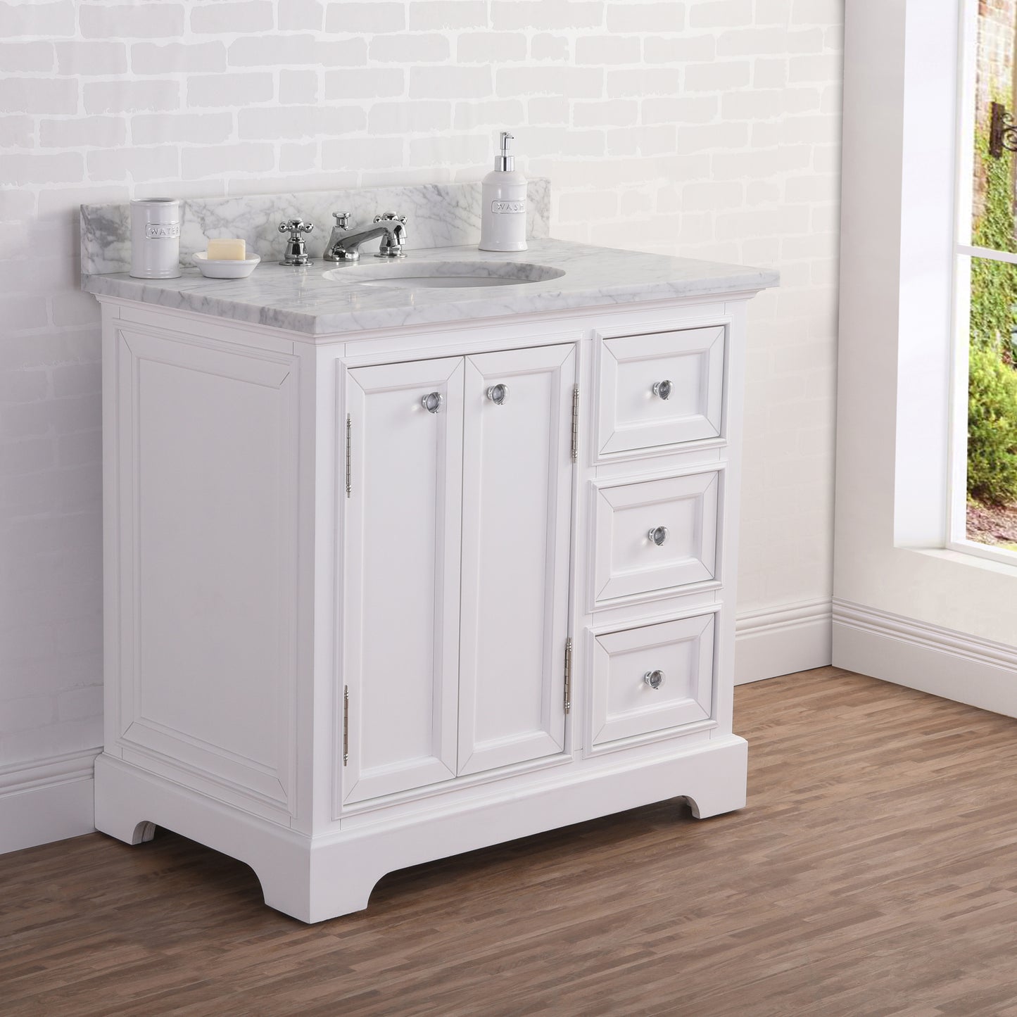 36 Inch Single Sink Carrara Marble Bathroom Vanity set. The Derby Collection
