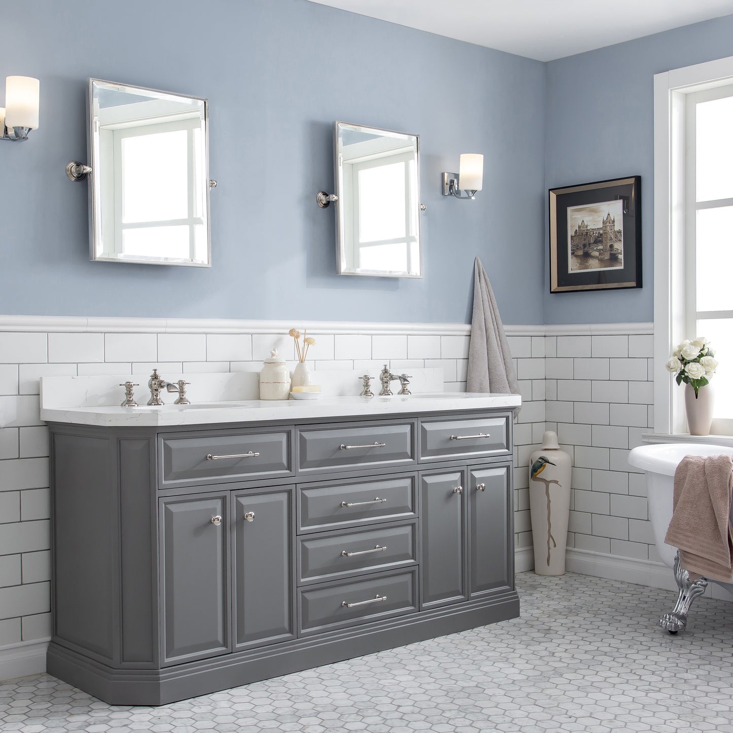72" Palace Collection Quartz Carrara Bathroom Vanity Set, Mirror in Polished Nickel (PVD) Finish