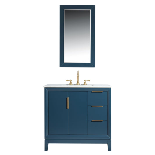 Elizabeth 36-Inch Single Sink Carrara White Marble Vanity In Monarch Blue set
