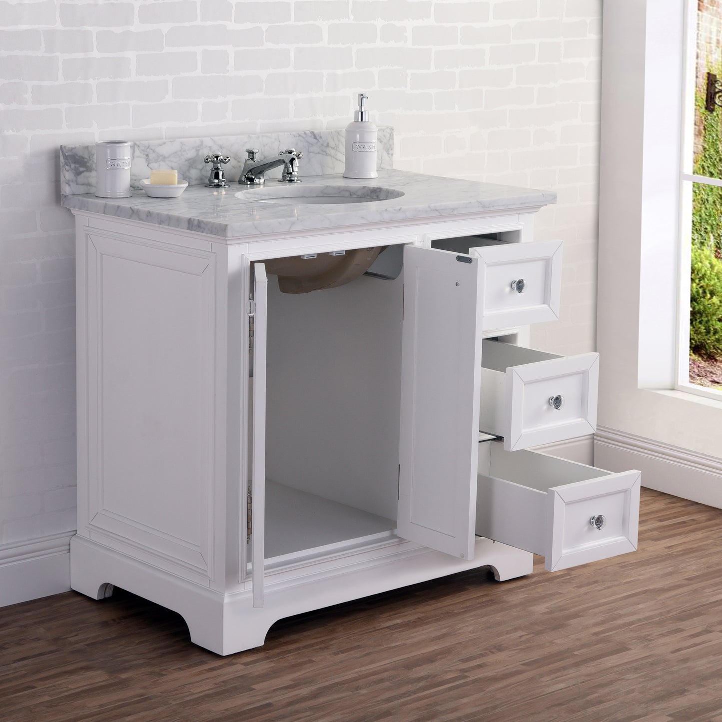 36 Inch Single Sink Carrara Marble Bathroom Vanity set. The Derby Collection