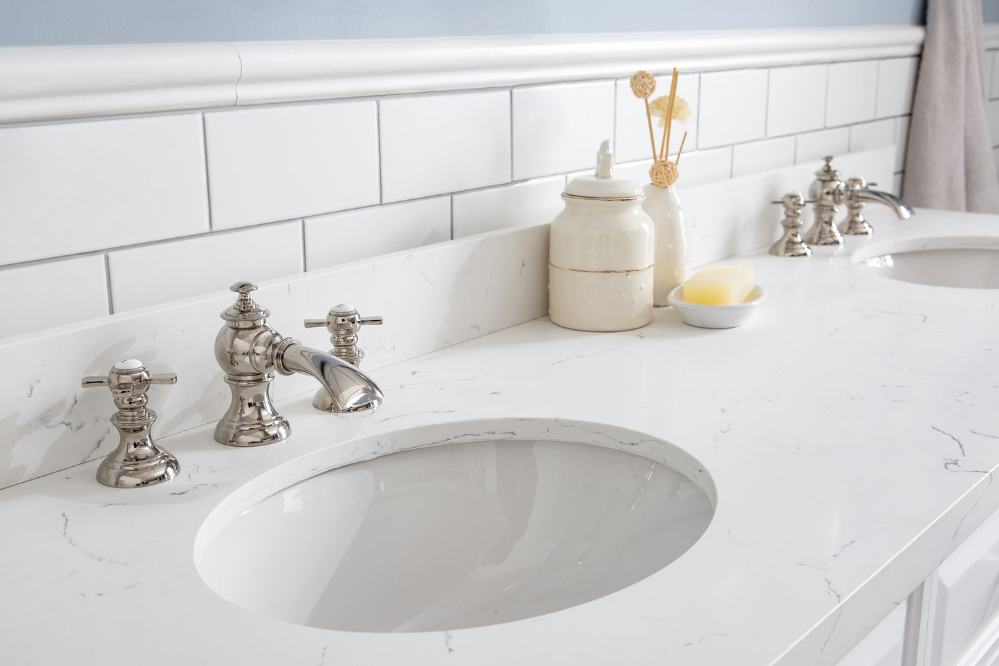 72" Palace Collection Quartz Carrara Bathroom Vanity Set, Mirror in Polished Nickel (PVD) Finish