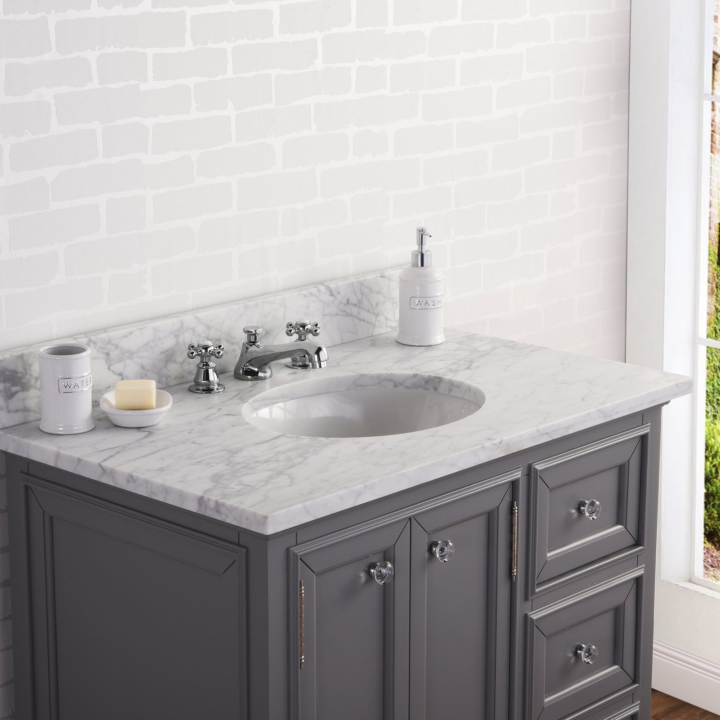 36 Inch Single Sink Carrara Marble Bathroom Vanity set. The Derby Collection