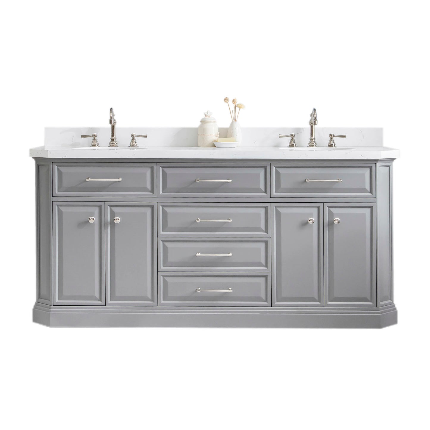 72" Palace Collection Quartz Carrara Bathroom Vanity Set, Mirror in Polished Nickel (PVD) Finish