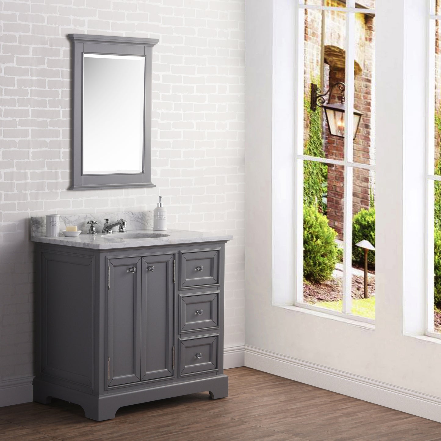 36 Inch Single Sink Carrara Marble Bathroom Vanity set. The Derby Collection