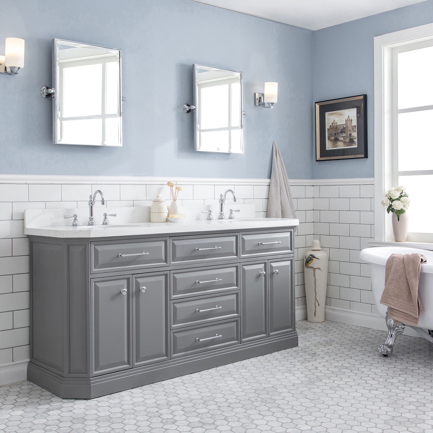 72" Palace Collection Quartz Carrara Multi Color Bathroom Vanity Sets