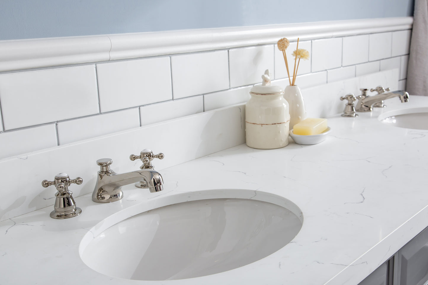 72" Palace Collection Quartz Carrara Bathroom Vanity Set, Mirror in Polished Nickel (PVD) Finish