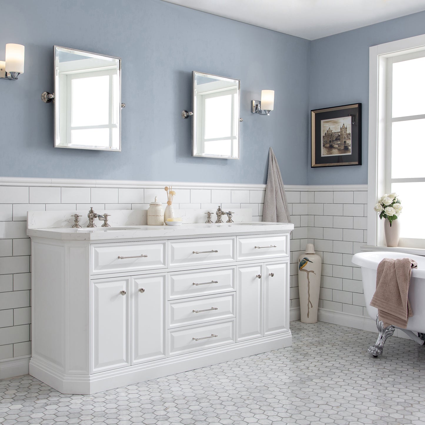 72" Palace Collection Quartz Carrara Bathroom Vanity Set, Mirror in Polished Nickel (PVD) Finish