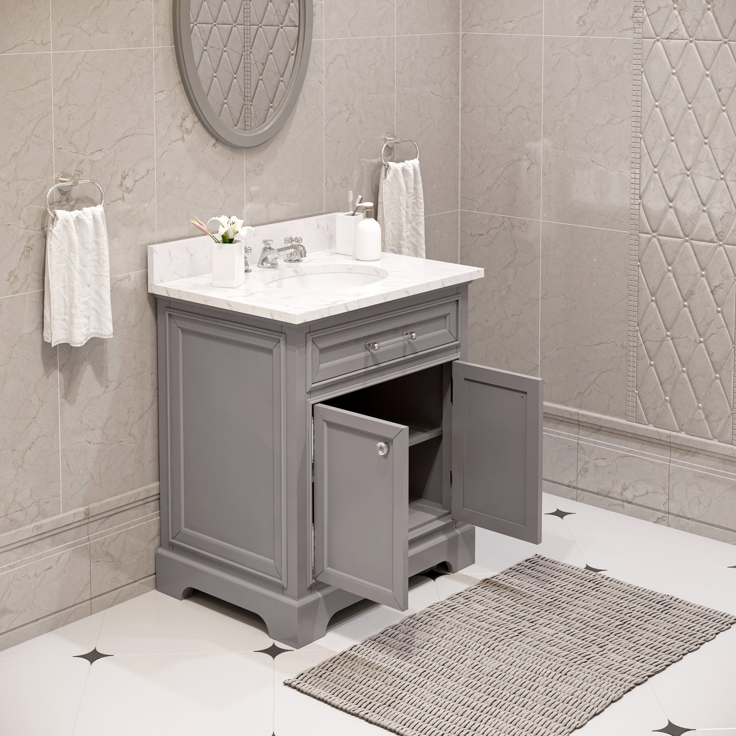 30 Inch Bathroom Vanity, Mirror And Faucet, Derby Collection