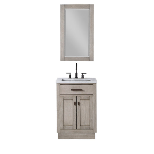 24 In. White Marble oak Vanity, Faucet and Mirror, Chestnut collection