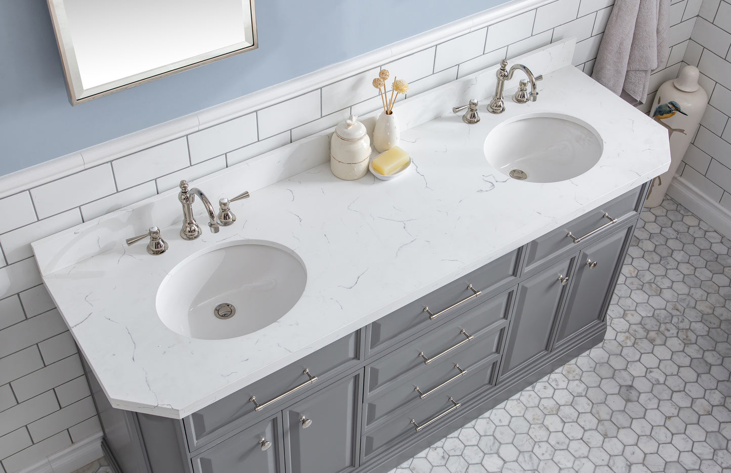 72" Palace Collection Quartz Carrara Bathroom Vanity Set, Mirror in Polished Nickel (PVD) Finish