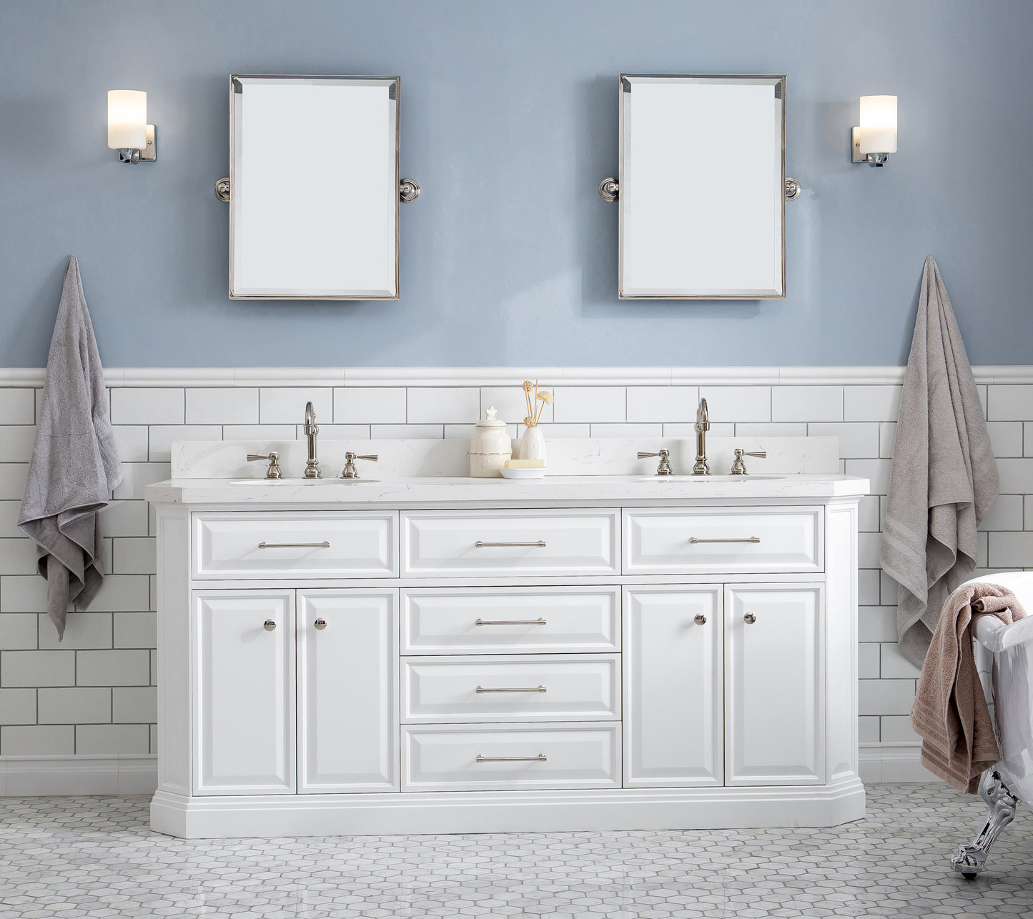 72" Palace Collection Quartz Carrara Bathroom Vanity Set, Mirror in Polished Nickel (PVD) Finish