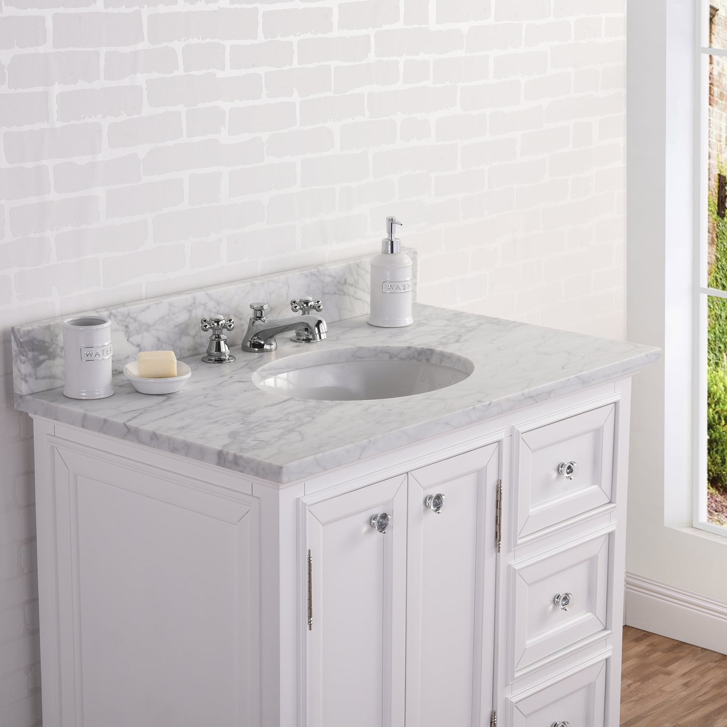 36 Inch Single Sink Carrara Marble Bathroom Vanity set. The Derby Collection