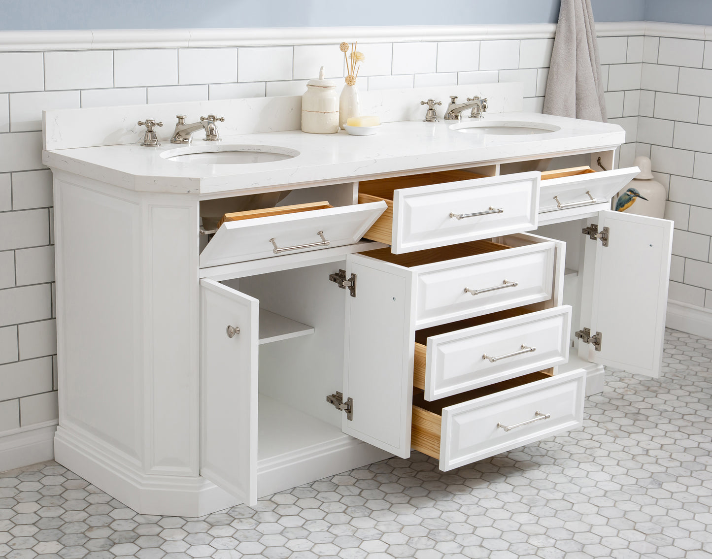 72" Palace Collection Quartz Carrara Bathroom Vanity Set, Mirror in Polished Nickel (PVD) Finish