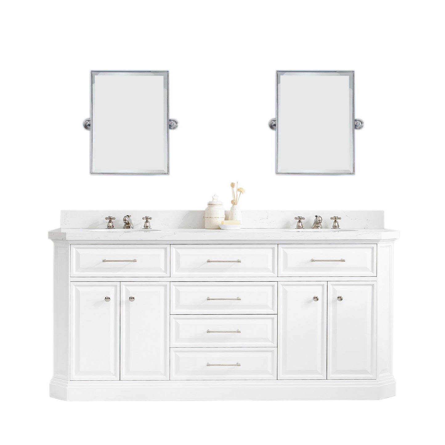 72" Palace Collection Quartz Carrara Bathroom Vanity Set, Mirror in Polished Nickel (PVD) Finish
