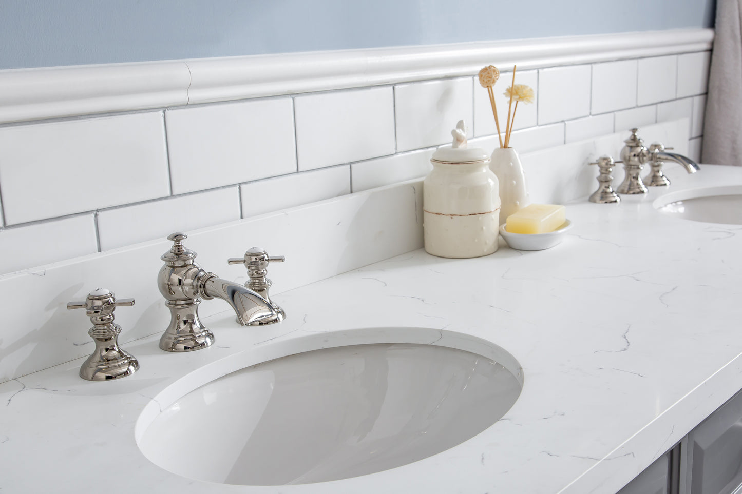 72" Palace Collection Quartz Carrara Bathroom Vanity Set, Mirror in Polished Nickel (PVD) Finish