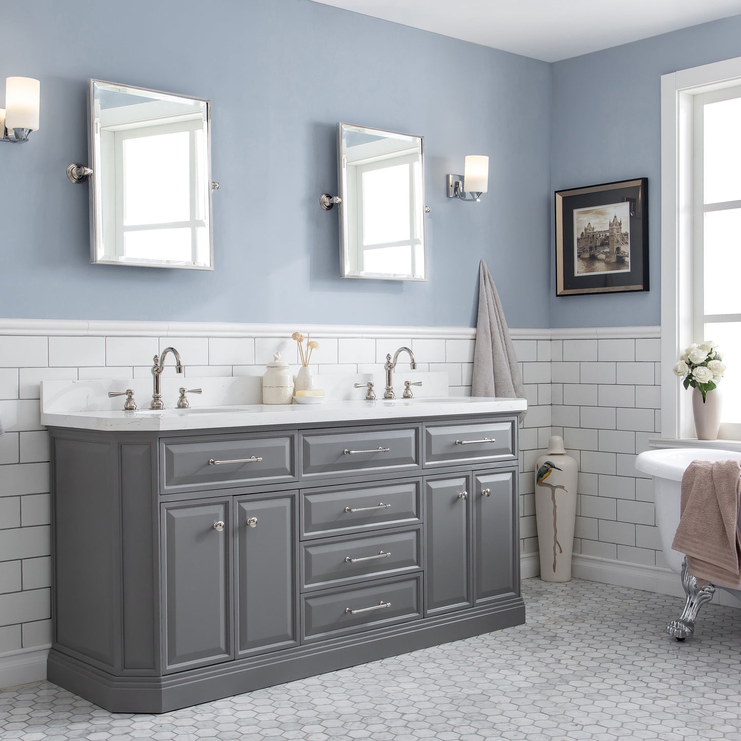 72" Palace Collection Quartz Carrara Bathroom Vanity Set, Mirror in Polished Nickel (PVD) Finish