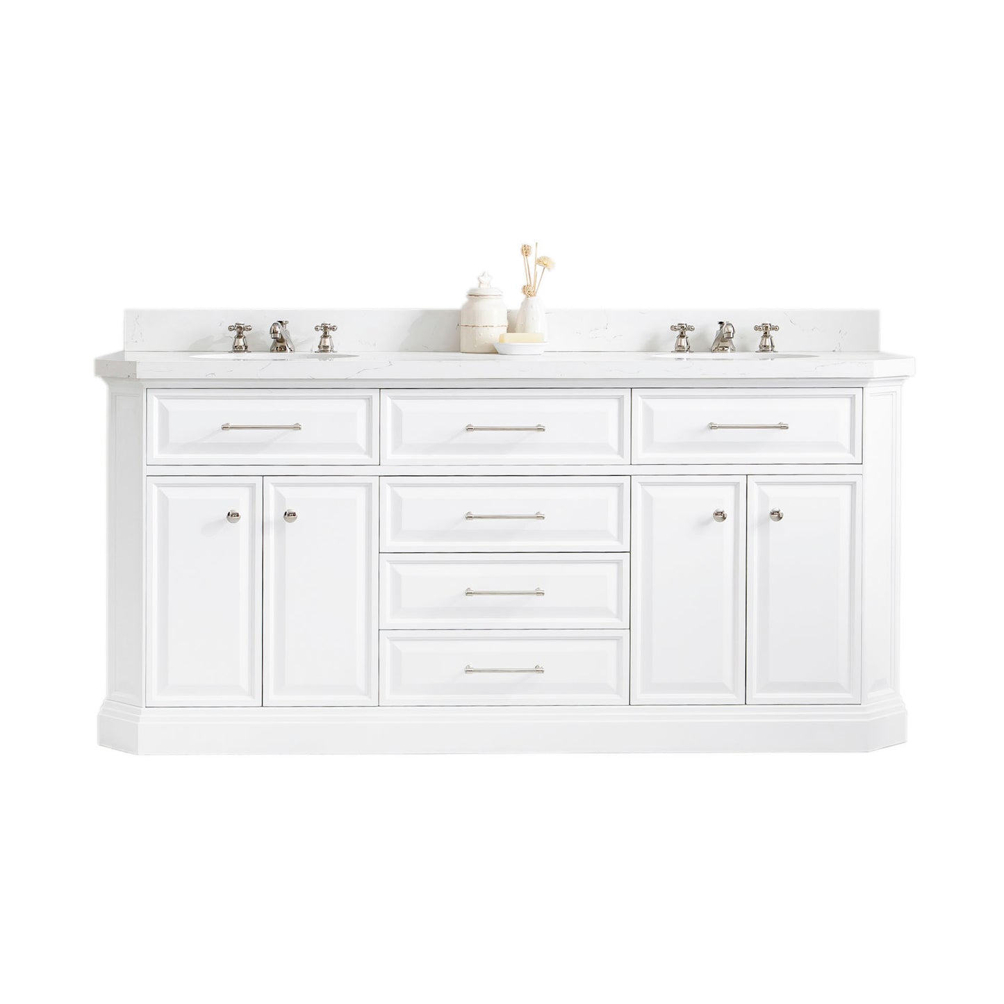 72" Palace Collection Quartz Carrara Bathroom Vanity Set, Mirror in Polished Nickel (PVD) Finish