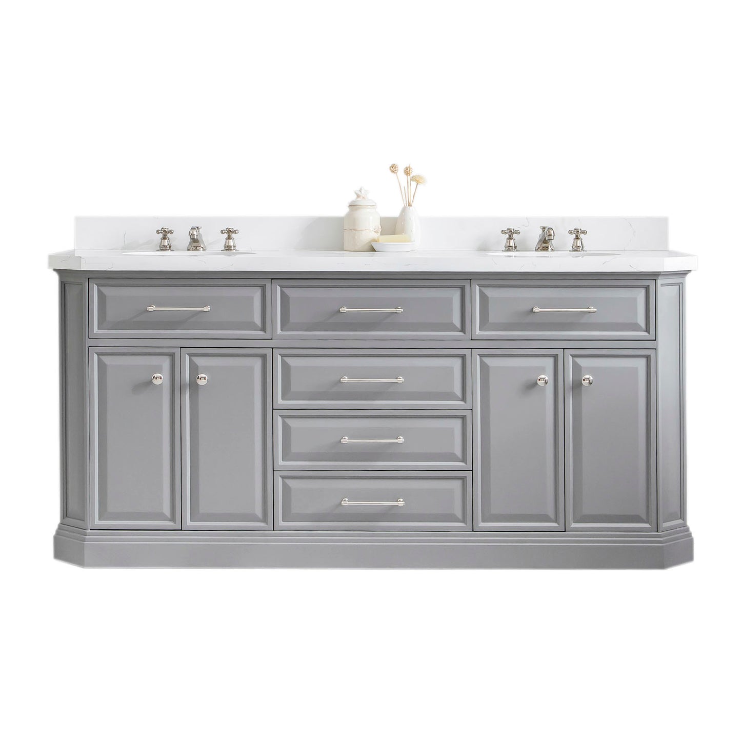 72" Palace Collection Quartz Carrara Bathroom Vanity Set, Mirror in Polished Nickel (PVD) Finish